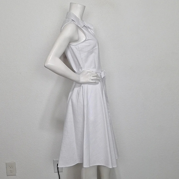 Sharagano NEW Optic White Preppy Coastal Tie Waist Button Front Midi Dress Sz. 6 - Picture 6 of 13
